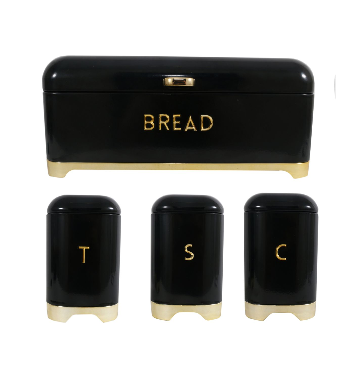 Bread Bin With Tea Coffee Sugar Canister Set - Retro 4 Piece - Black & Gold