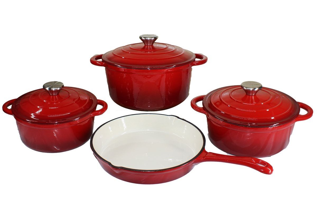 7-Piece Premium Ceramic Glazed Cast Iron Dutch Oven & Skillet Set - Red