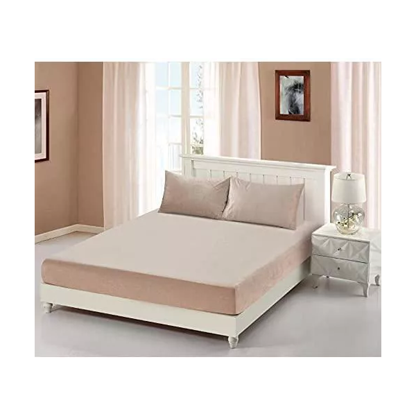 3 Pieces Velvet Fitted Sheet Queen Size with 2 Pillow Cases - Beige