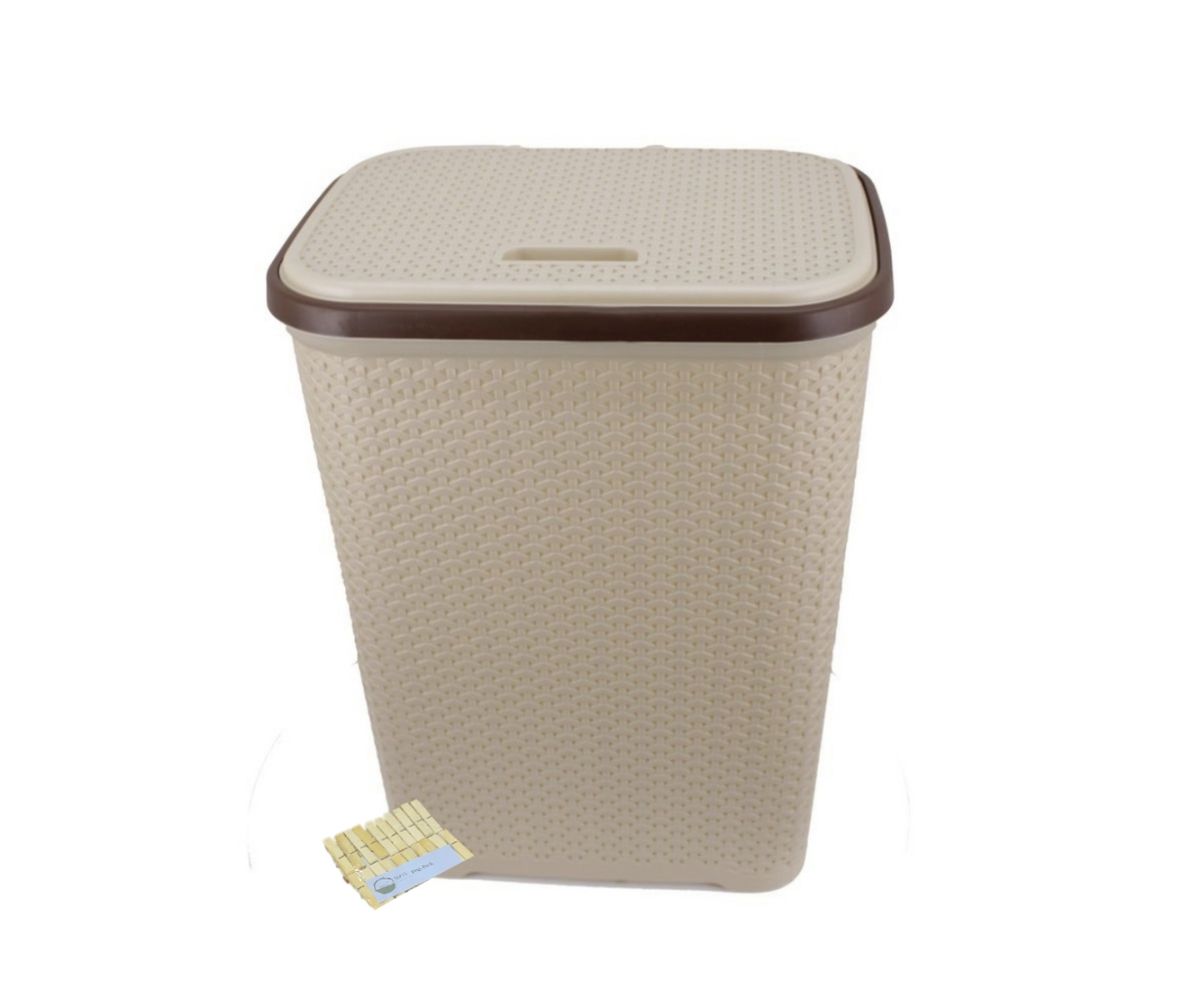 Two Tone Reed Weave Laundry Basket with Hinge Lid & SMTE Pegs - Cream