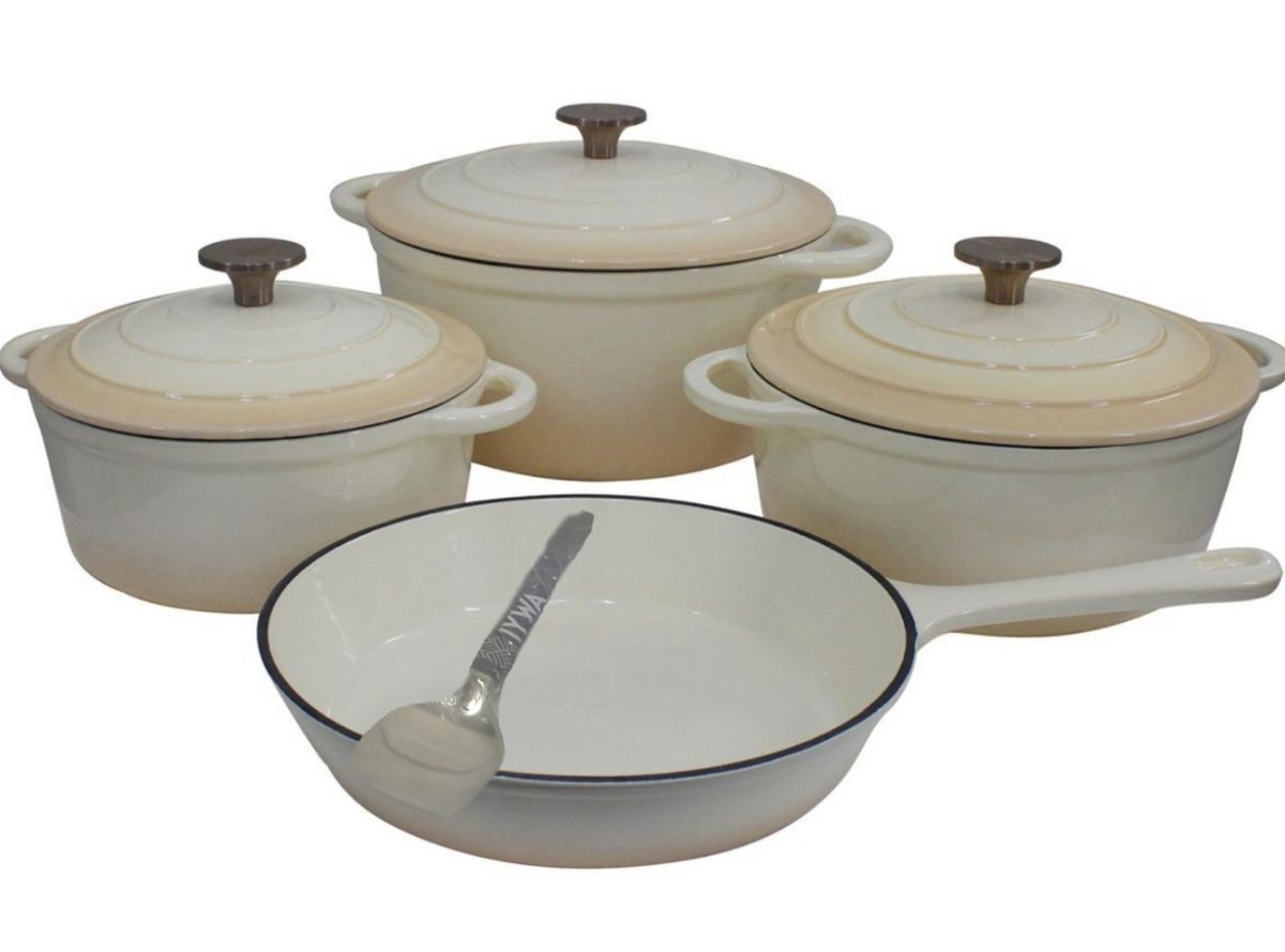 Quality Cast Iron Cookware Set & Complementary IYWA Serving Spoon - White
