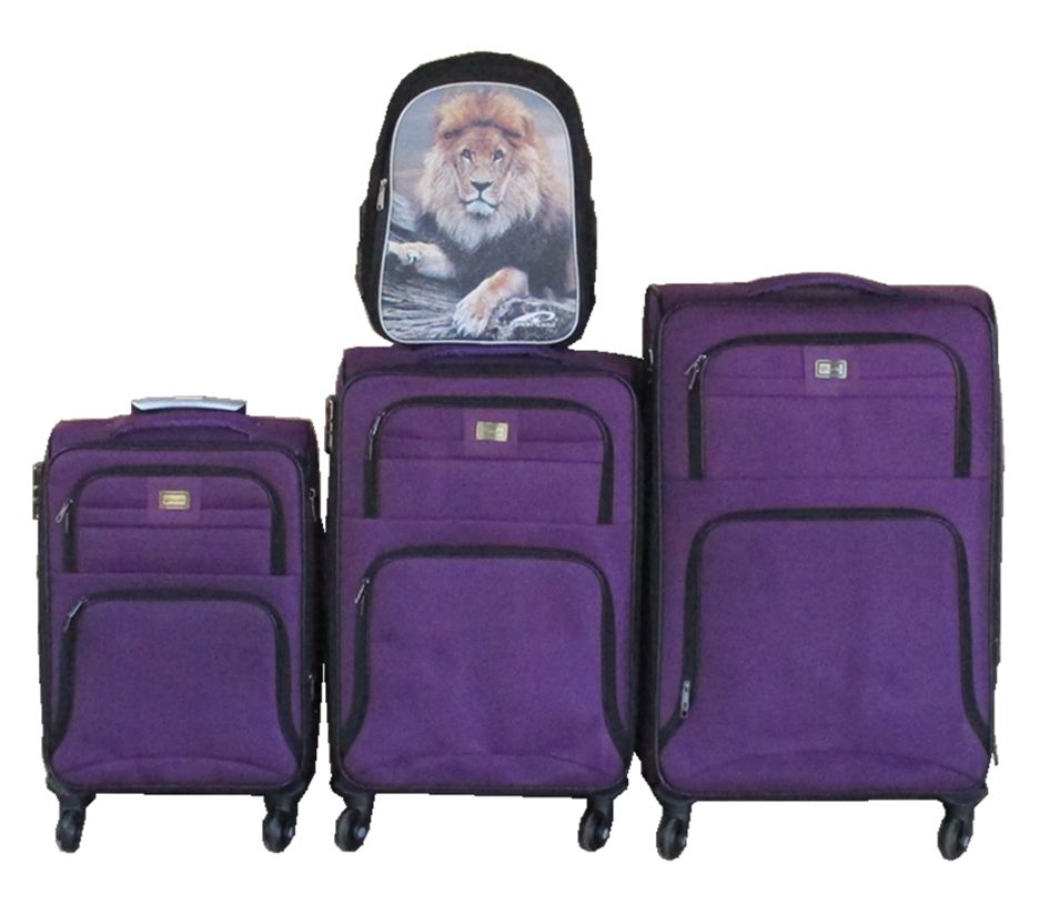 3-Piece Purple Fabric Spinner Luggage Set with Majestic Lion Backpack