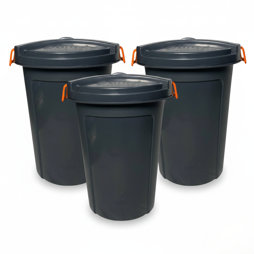 SMTE - 3 Pack 75L Heavy Duty Plastic Bins with Secure Lids & Handles - Grey
