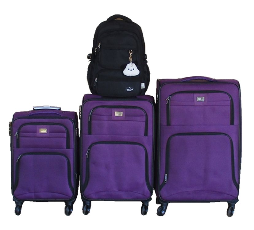 3-Piece Purple Fabric Spinner Luggage Set with Black Backpack & Panda Charm
