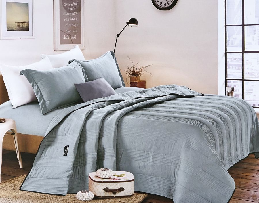 King Size Pre-Washed Quilt Set - 4-Piece Polyester - Light Blue