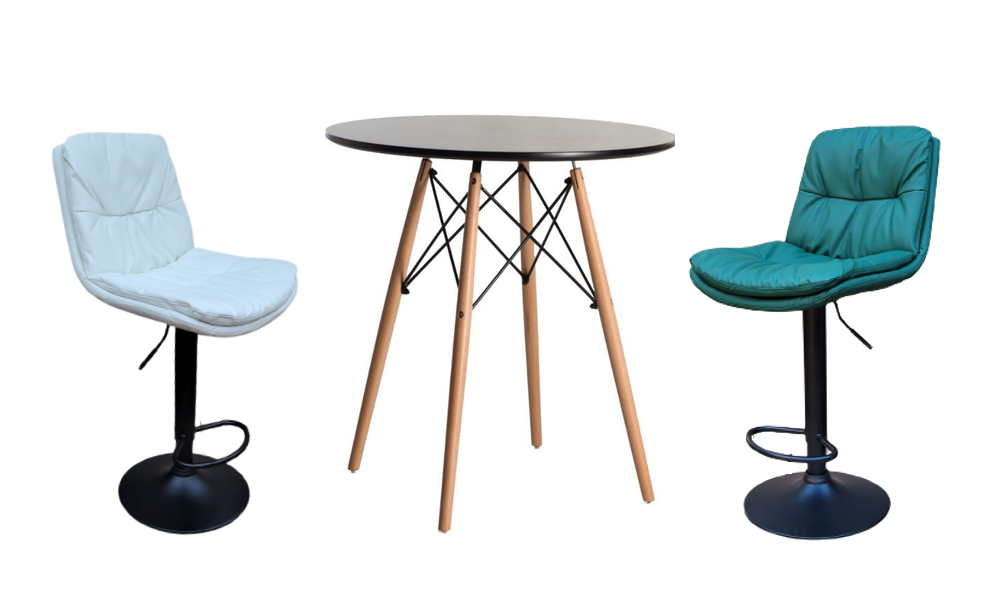 Soft Padded Perla Black Based Bar Stool and Black Wooden Table Set - White