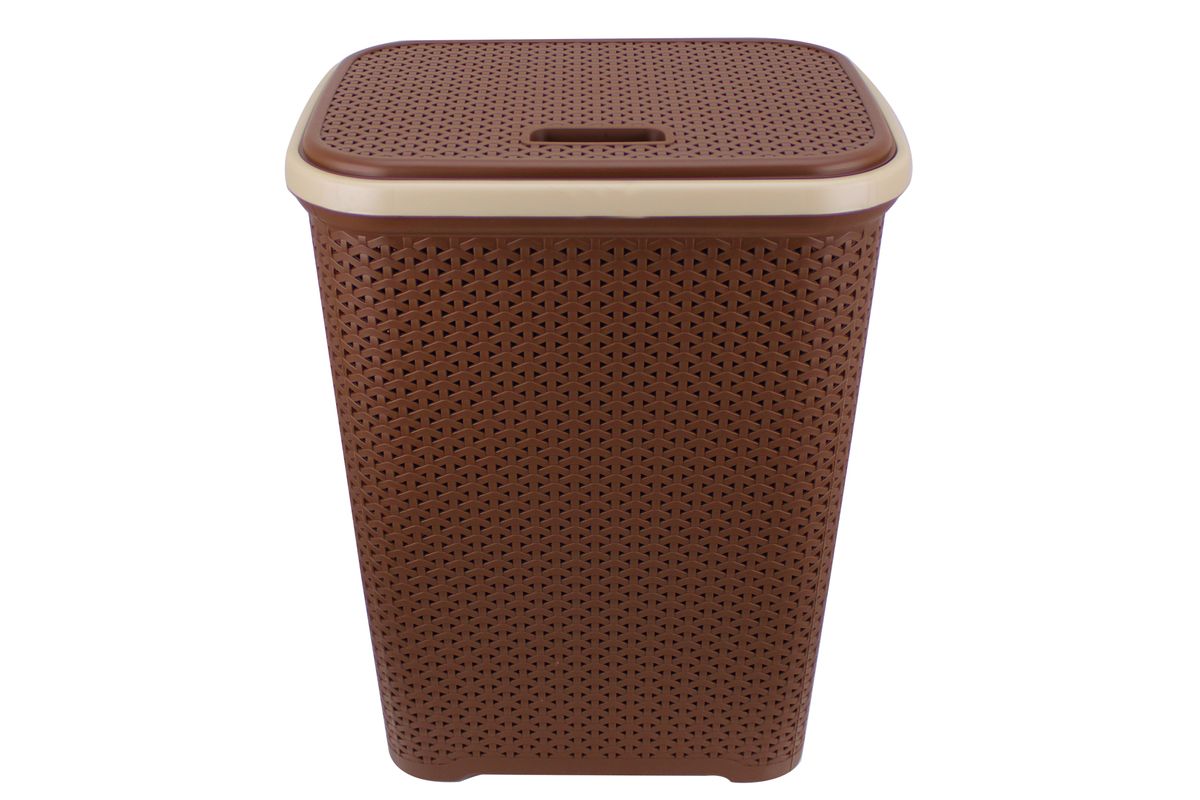 Two Tone Reed Weave Replica PVC Laundry Basket with Hinge Lid - Brown