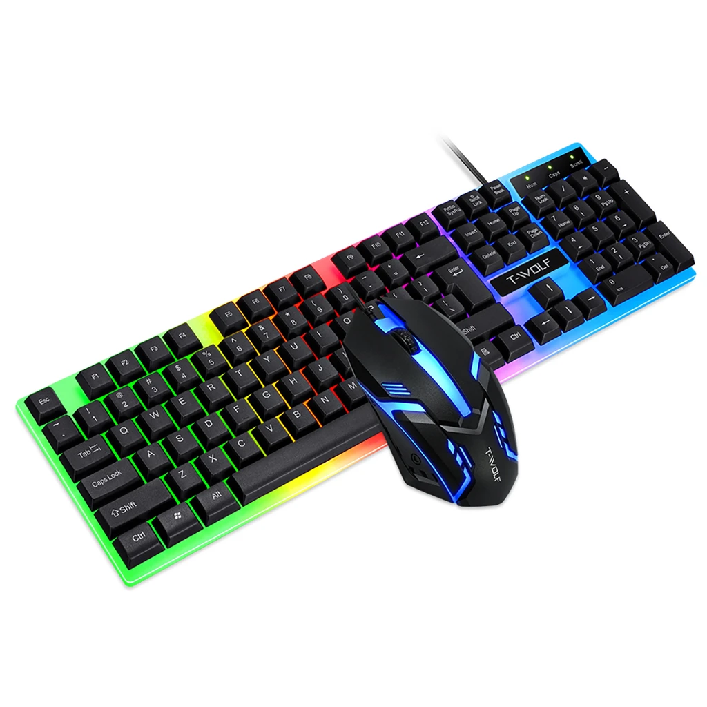 T-Wolf TF230 Rainbow Backlit Gaming Keyboard & Mouse Combo - USB Wired LED - Black