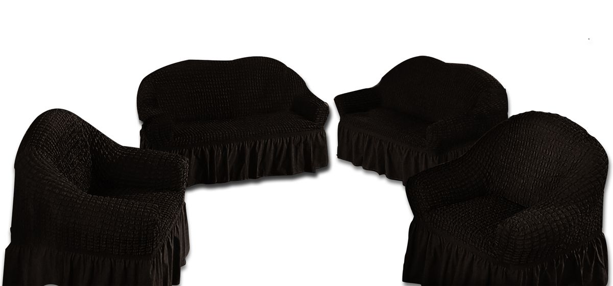 Decadent Ruffled 4 Piece Sofa & Couch Slipcover Set -2 + 2 + 1 + 1 - Black