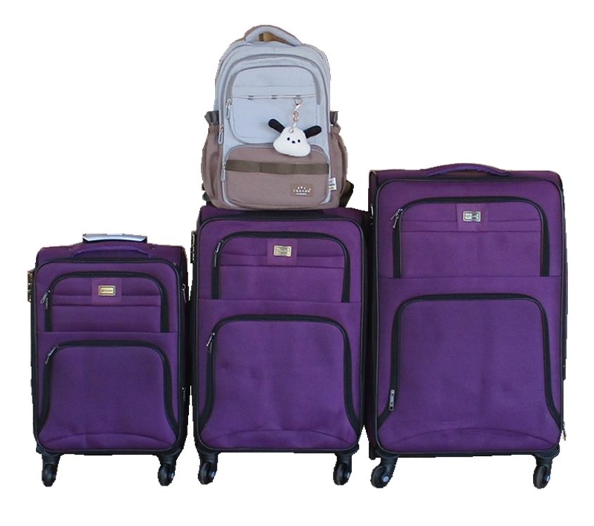 Purple 3-Piece Fabric Luggage Set with Spinner Wheels & Backpack