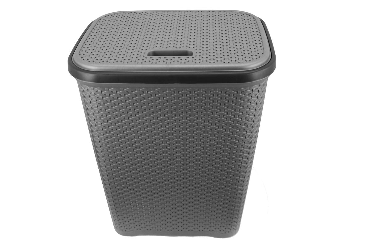 Two Tone Reed Weave Replica PVC Laundry Basket with Hinge Lid - Grey