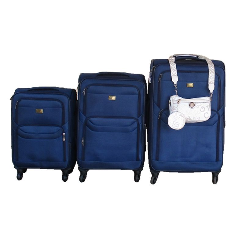 3-Piece Navy Fabric Spinner Luggage Set with White Crossbody Bag