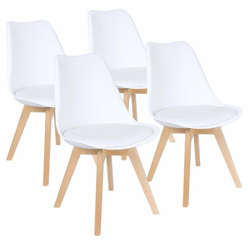 Padded Seat Wooden Leg Dining Chairs - Pack of Four - White Colour