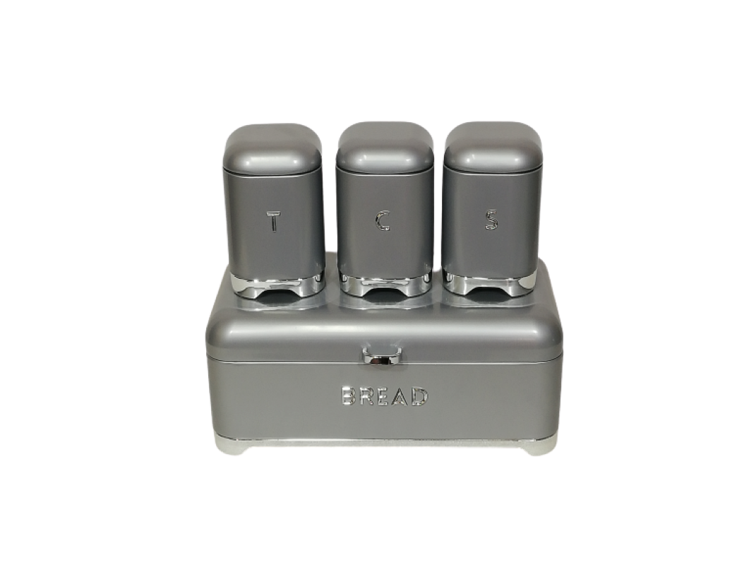 Bread Bin With Tea Coffee Sugar Canister Set - Retro 4 Piece - Grey & Silver