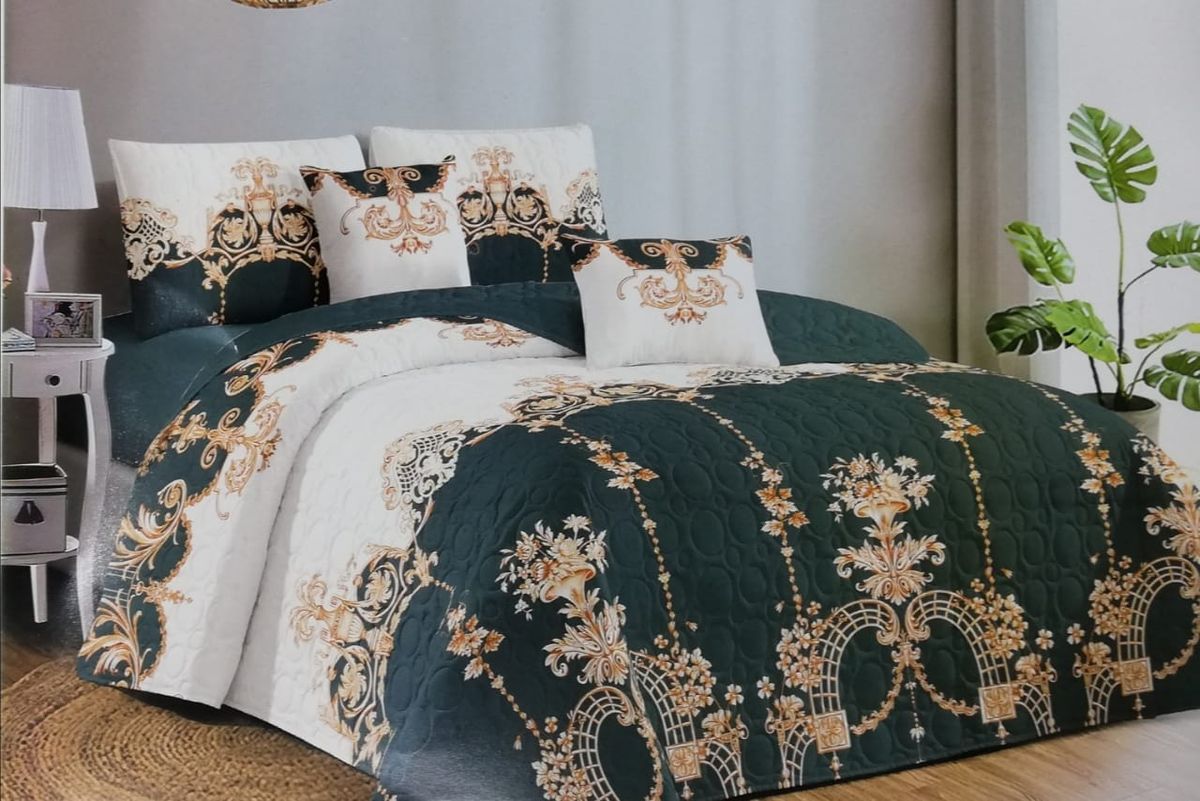 5 Piece Quilt Set Green Flower Bedspread Set - Queen