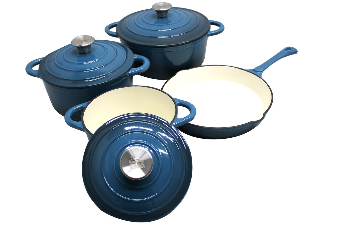 7 Piece Authentic Cast Iron Dutch Oven Cookware Pot Set - Teal