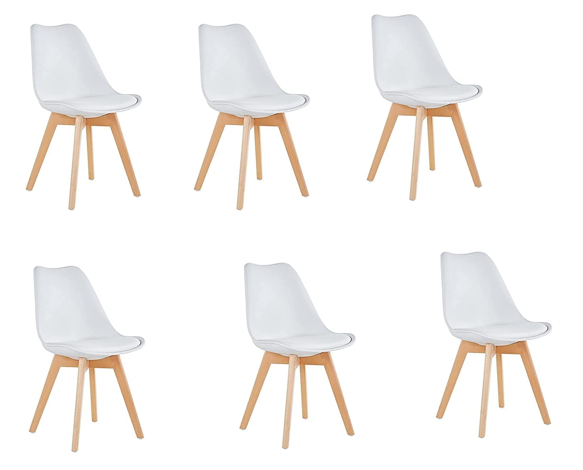 Dining Chairs with Cushioned Seat & Wooden Legs - 6-Pack - White