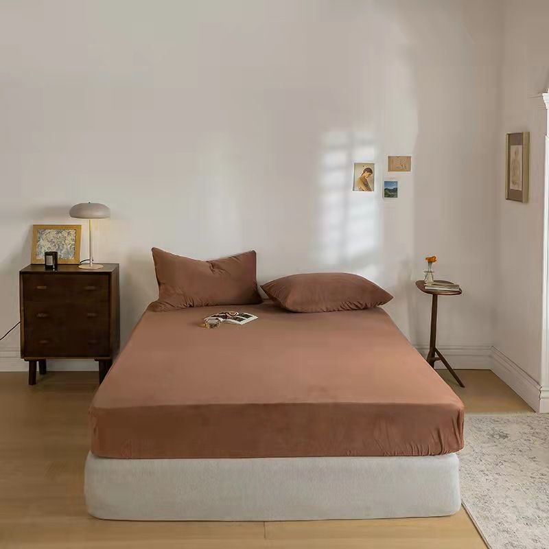 3 Pieces Colorful Velvet Fitted Sheet Queen Size with 2 Pillow Cases - Dark Brown