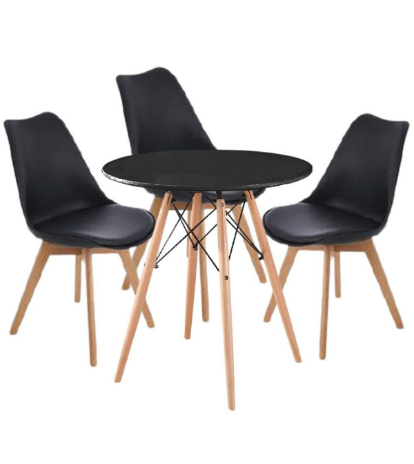 Modern Wooden Round Dining Table with 3 Set of Soft Padded Chairs Set-Black