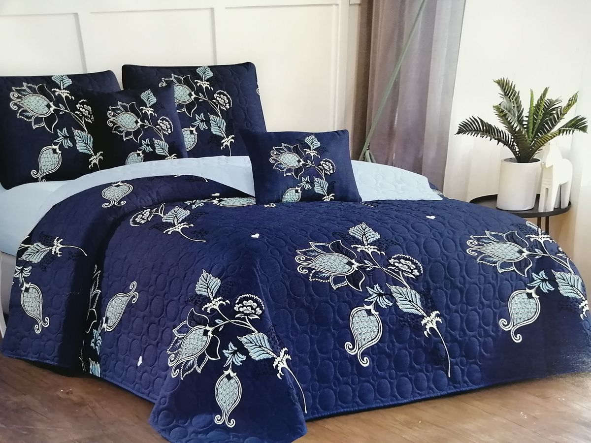 5 Piece Quilt Set Blue Flower Designed Bedspread Set - Queen