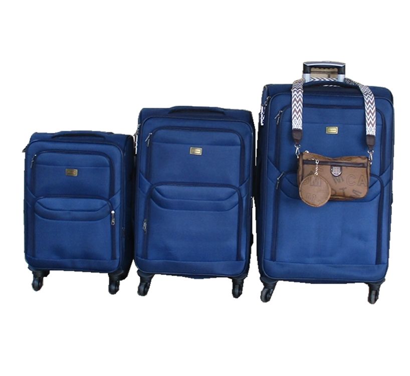 3-Piece Navy Fabric Luggage Set with Spinner Wheels, Side Bag & Strap