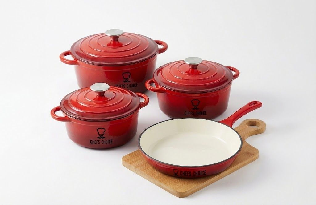 Chefs Choice 7 Piece Cast Iron Dutch Oven Cookware Set - Red
