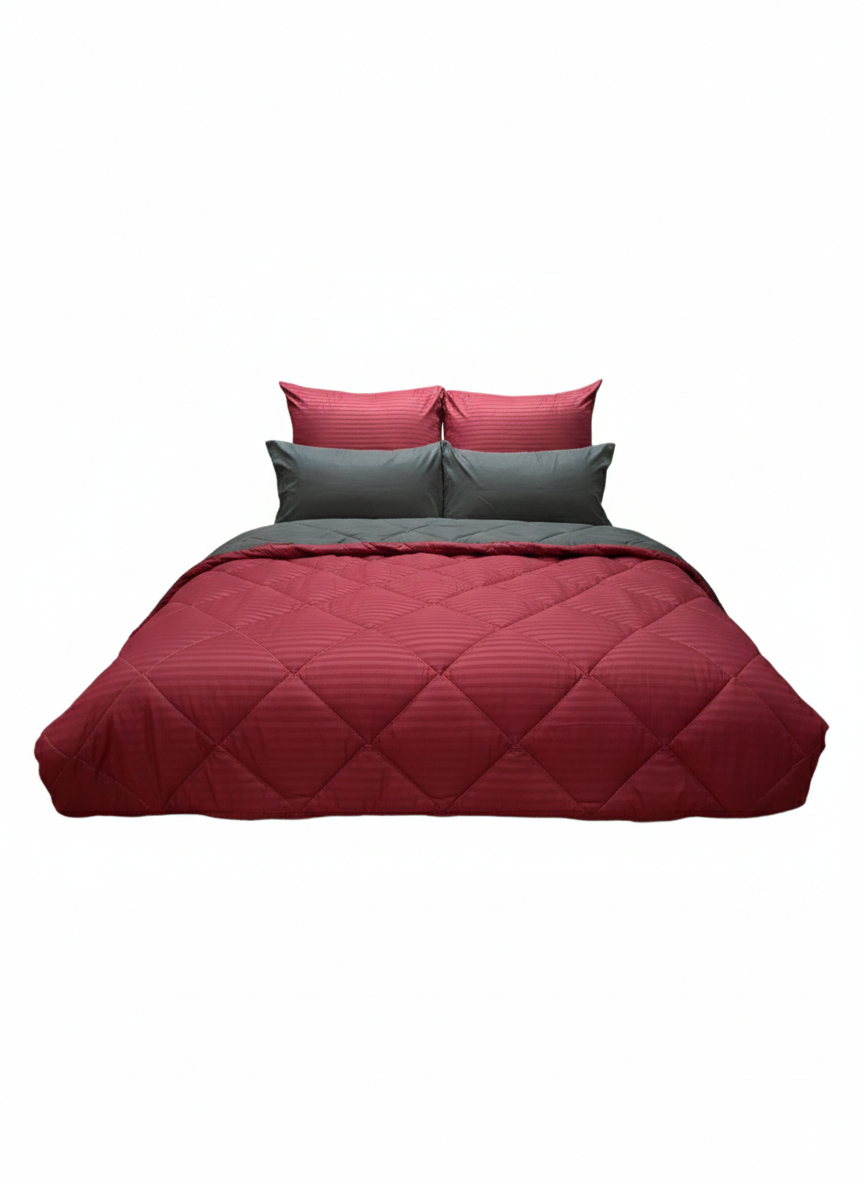 5-Piece Reversible Diamond-Stitched Comforter Set - Burgundy & Grey - Queen