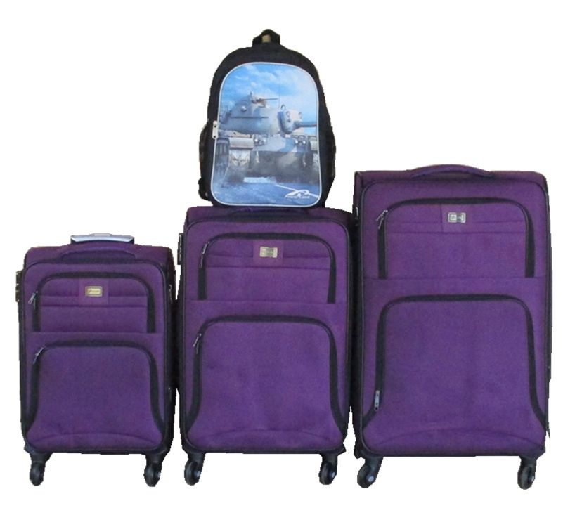 Purple 3-Piece Fabric Spinner Luggage Set with Scenic Tank Backpack