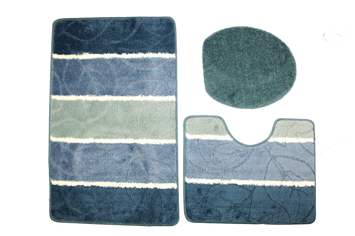 60x100cm 3 Piece Turkish Striped Toilet Mat & Cover Set with Non-Slip Under - Turquoise