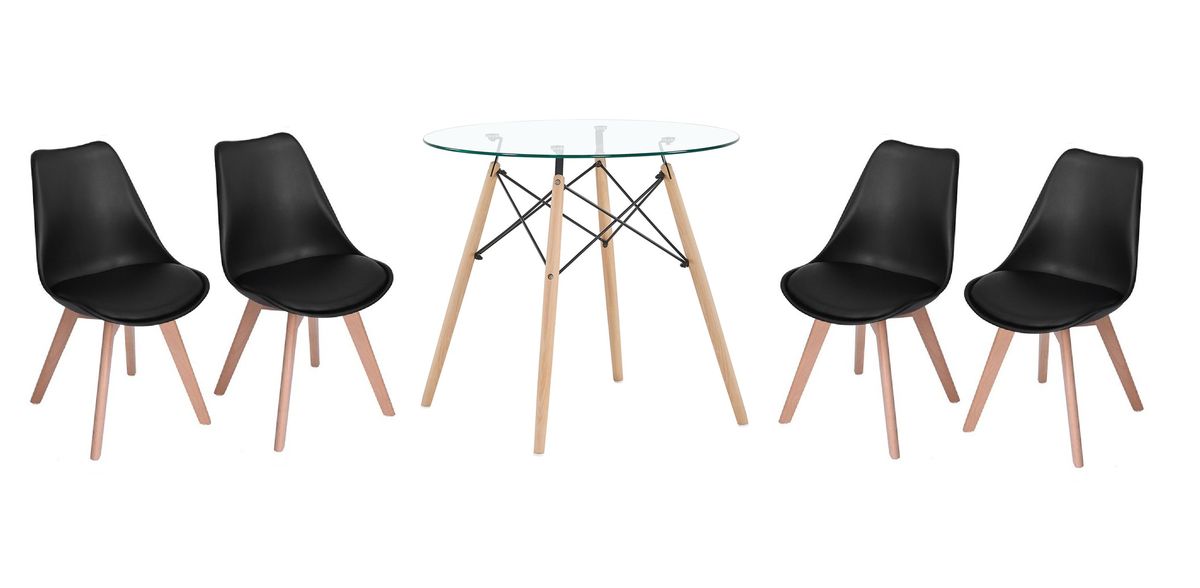 Modern Wooden Round Dining Table with 4 Set of Soft Padded Chairs - Black