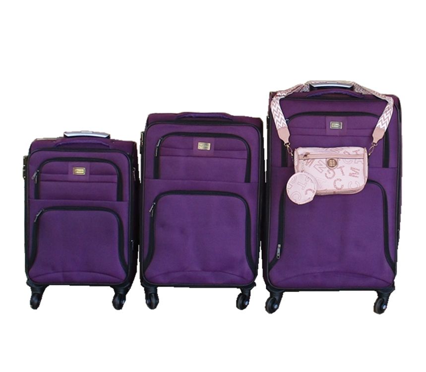 3-Piece Purple Spinner Luggage Set with Pink Crossbody Bag & Coin Pouch