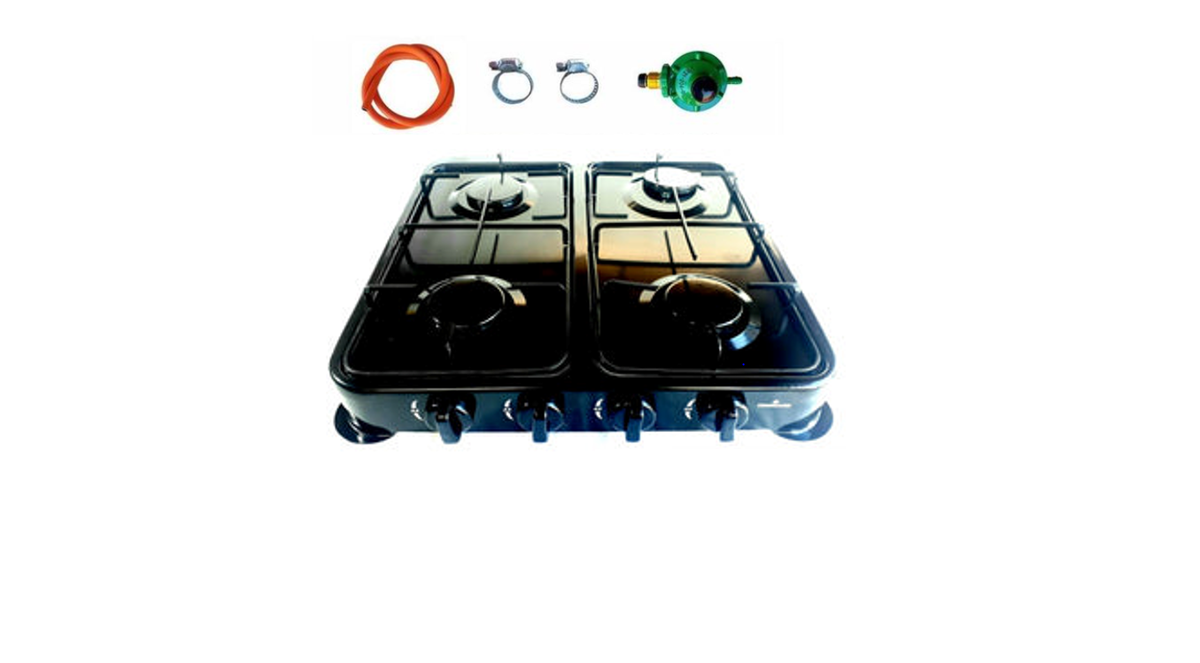 Black 4 Plate Gas Stove With Regulator Set