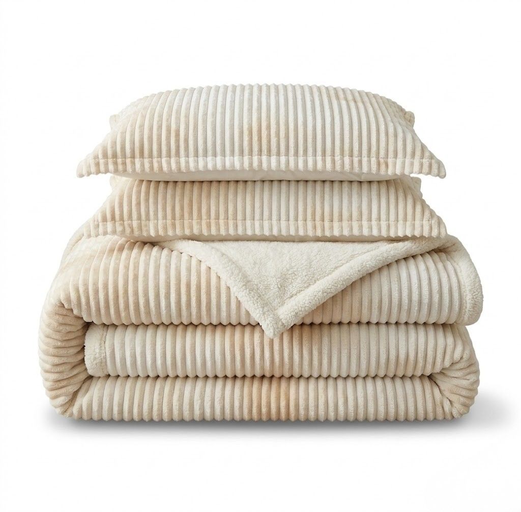 SMTE Corduroy Plush Bedding Blanket - Soft Luxury Bed Throw - Gold, White