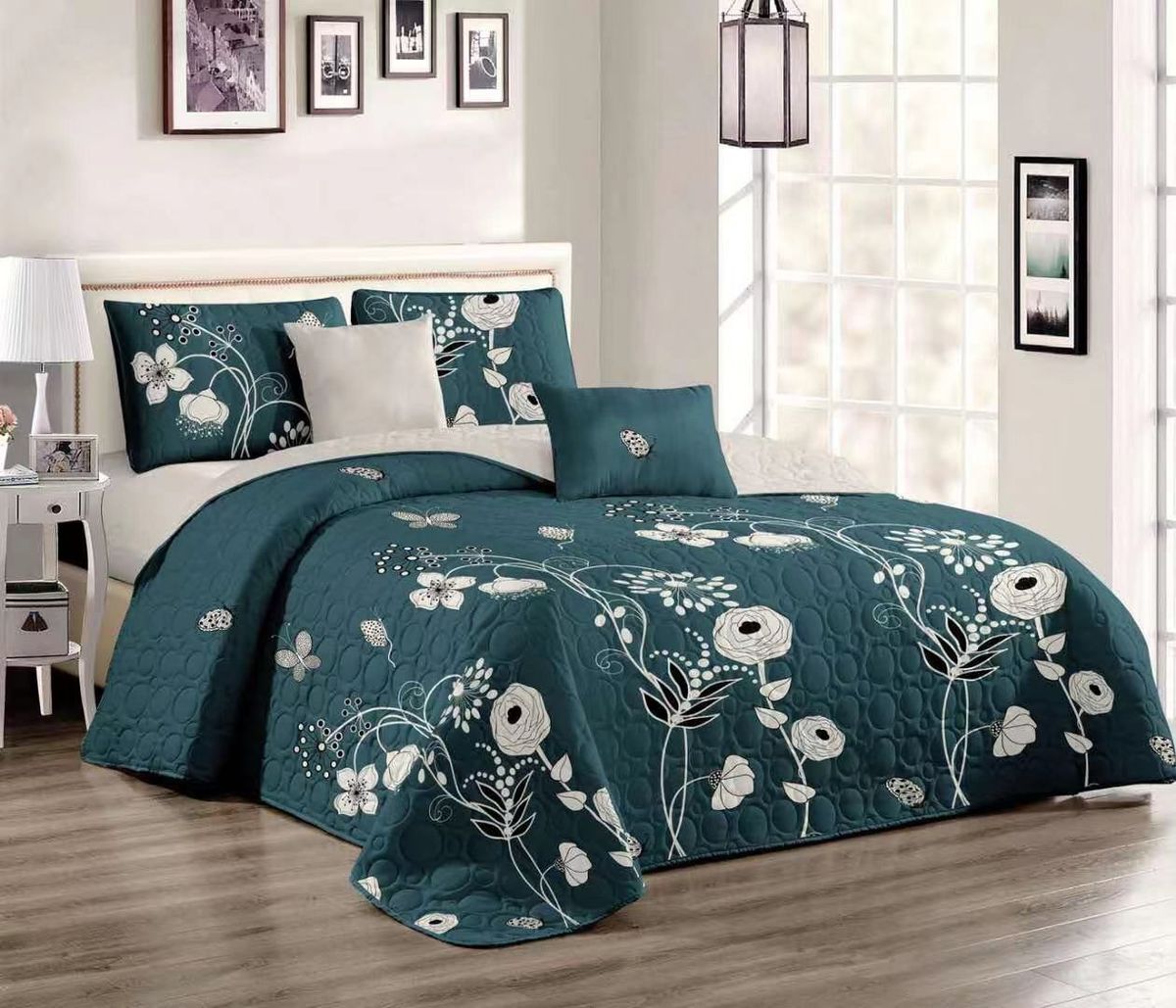 5 Piece Quilt Set Green Bedspread Set