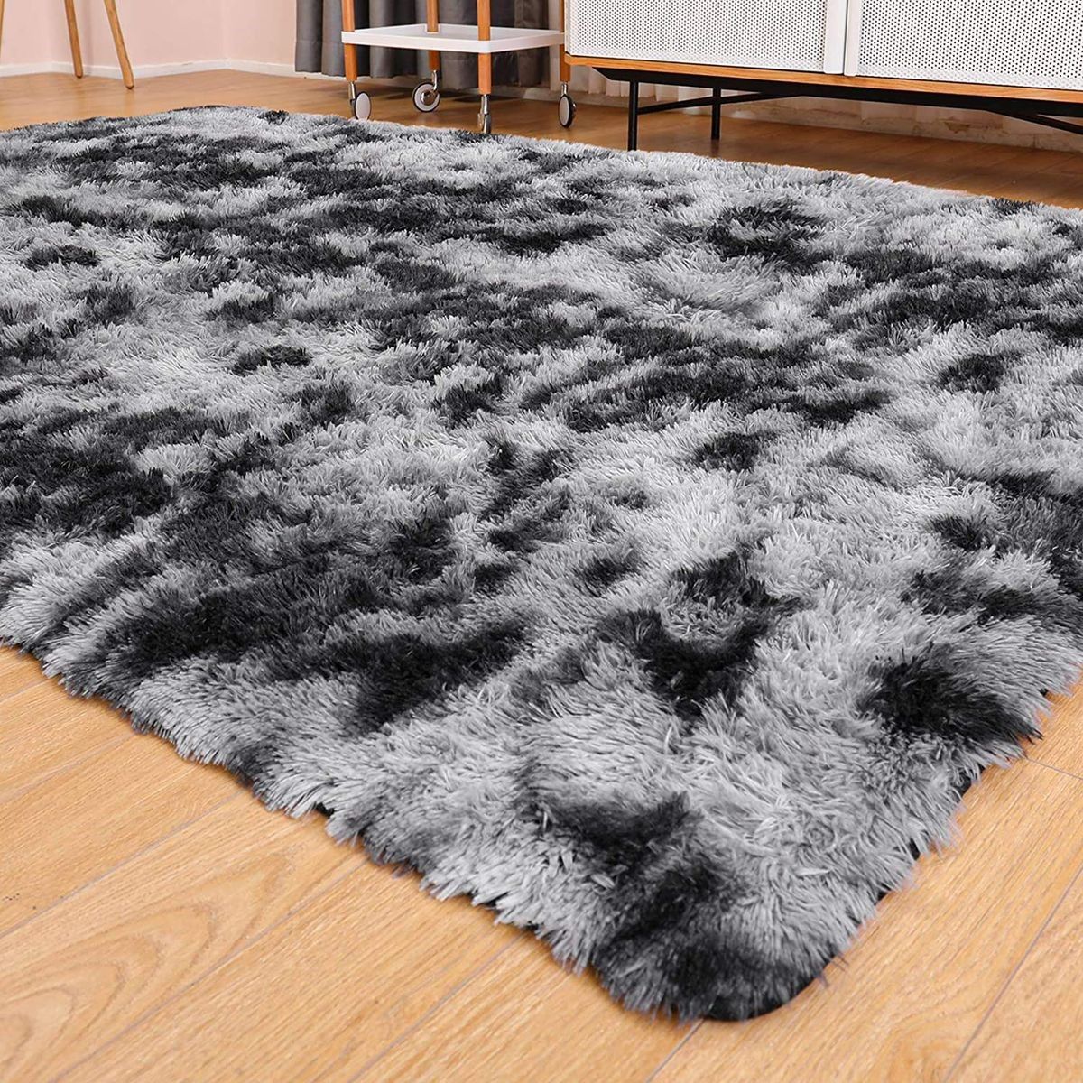 Fluffy Rug Carpet Black Mix White