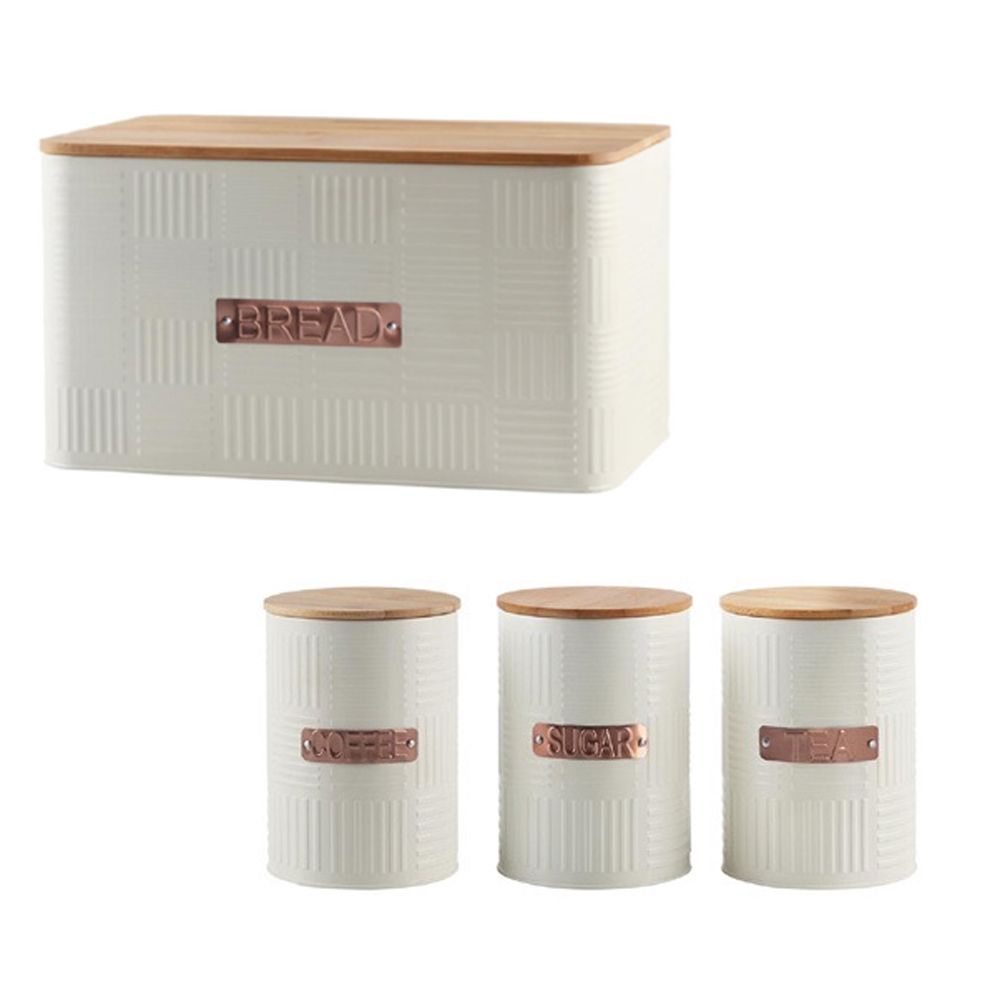 Breadbin Steel Design with Bamboo Lid with 3 Piece Canister Set - Cream