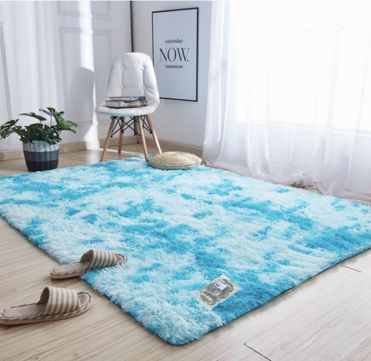 New Large Premium Heavy Duty Fluffy Carpet/Rug & Complementary SMTE Tieback - Sky Blue Mix