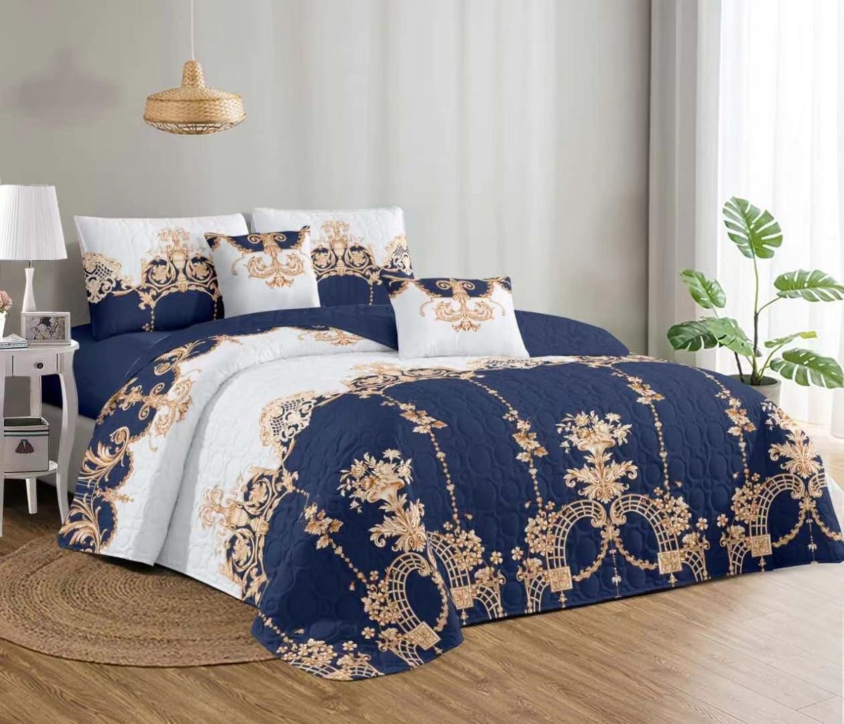 Bedspread Set Queen 5 Piece Microfiber Blue & White Royal Pattern