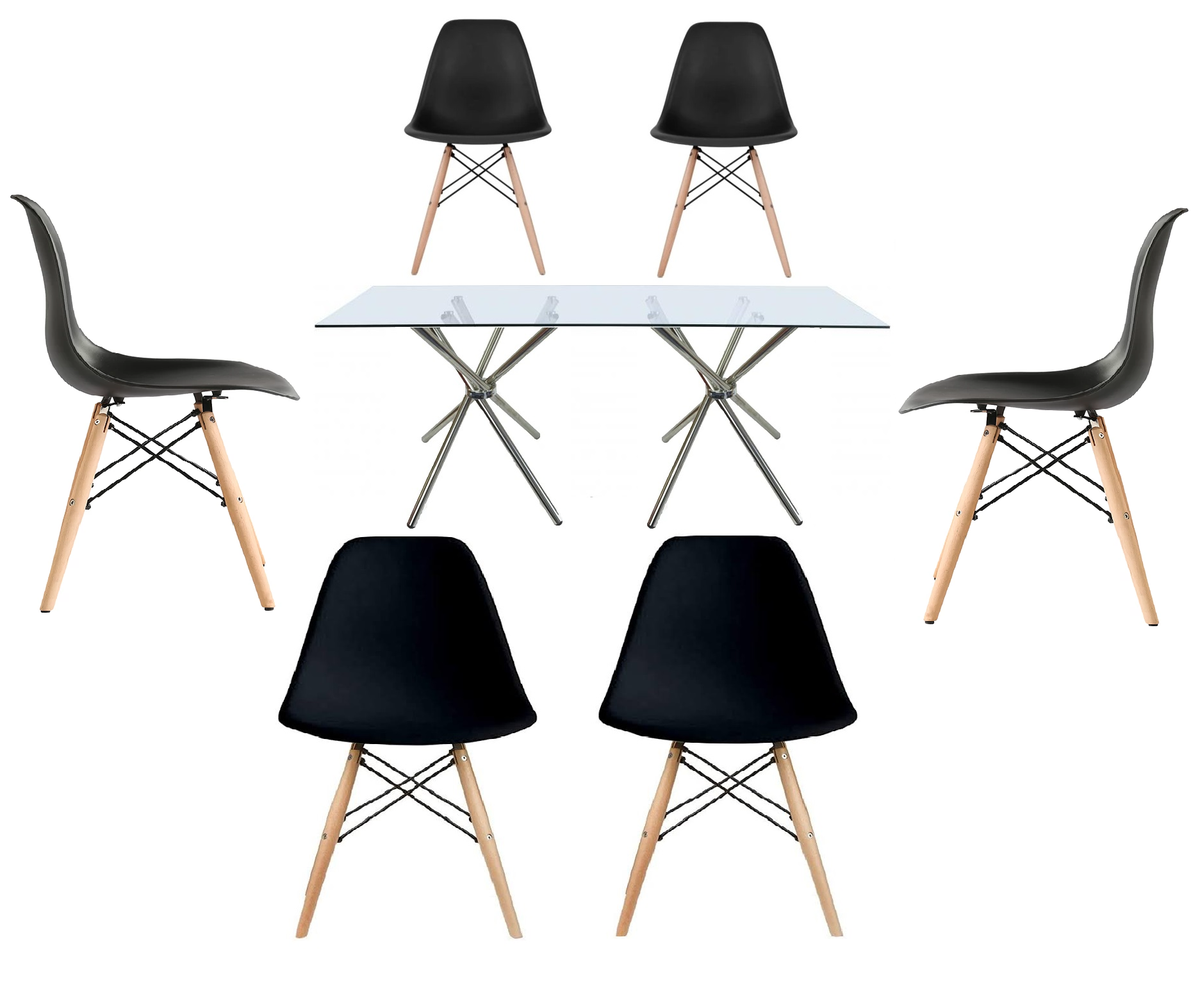 Rectanguler Glass Table With 6 Wooden Leg Chairs -Black
