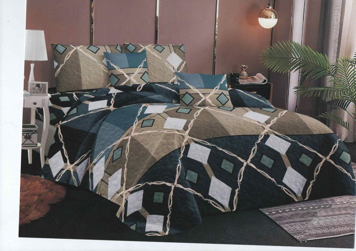 SMTE - Bedspread Set 5 Piece MicrofiberF14D4 (Blue & Brown)Queen