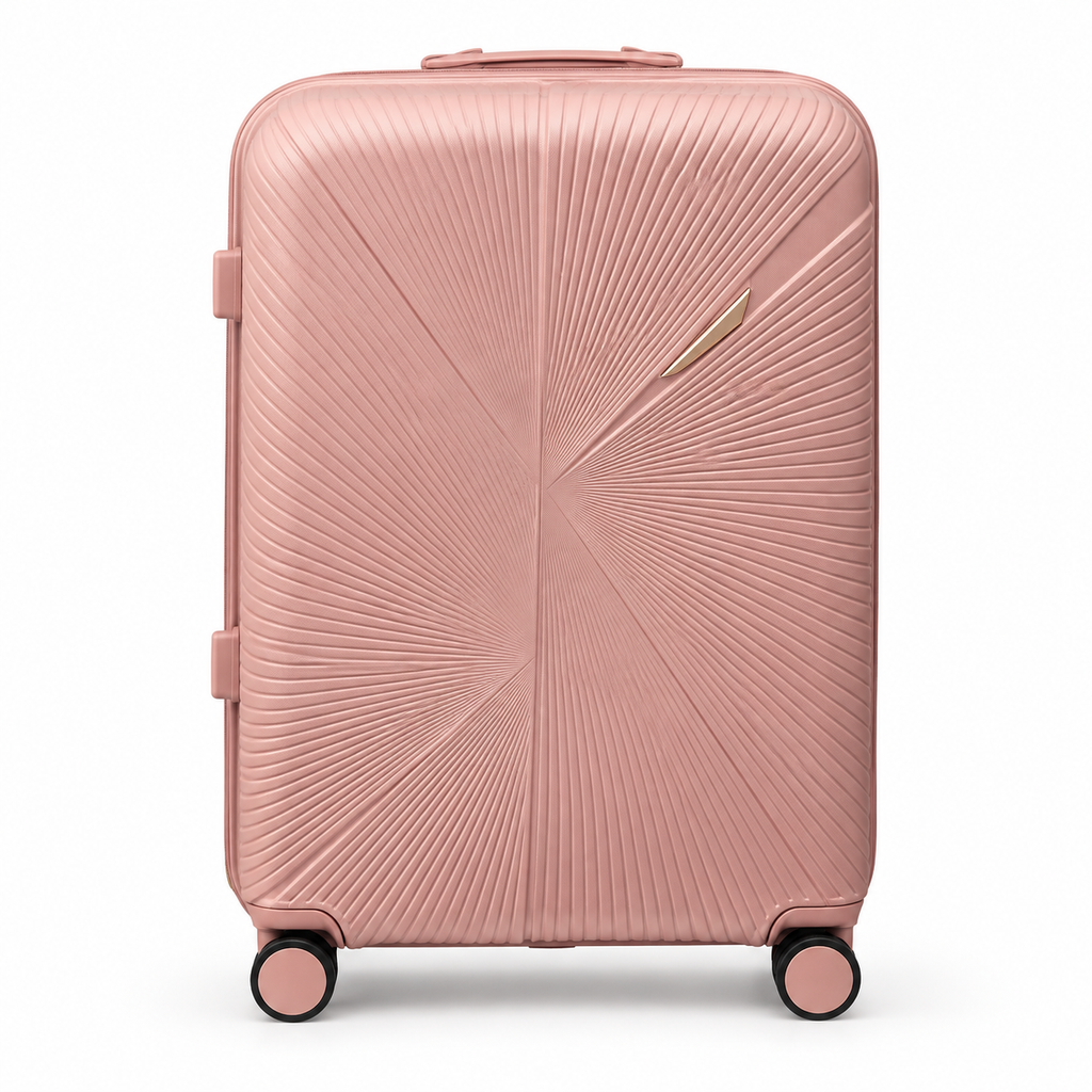 Large rose gold suitcase included in the Sastro Gear 4-piece polypropylene luggage set