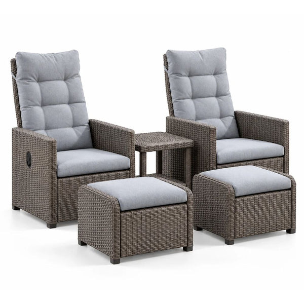 SMTE 5 Piece Outdoor Wicker Recliner Set with Ottomans Grey