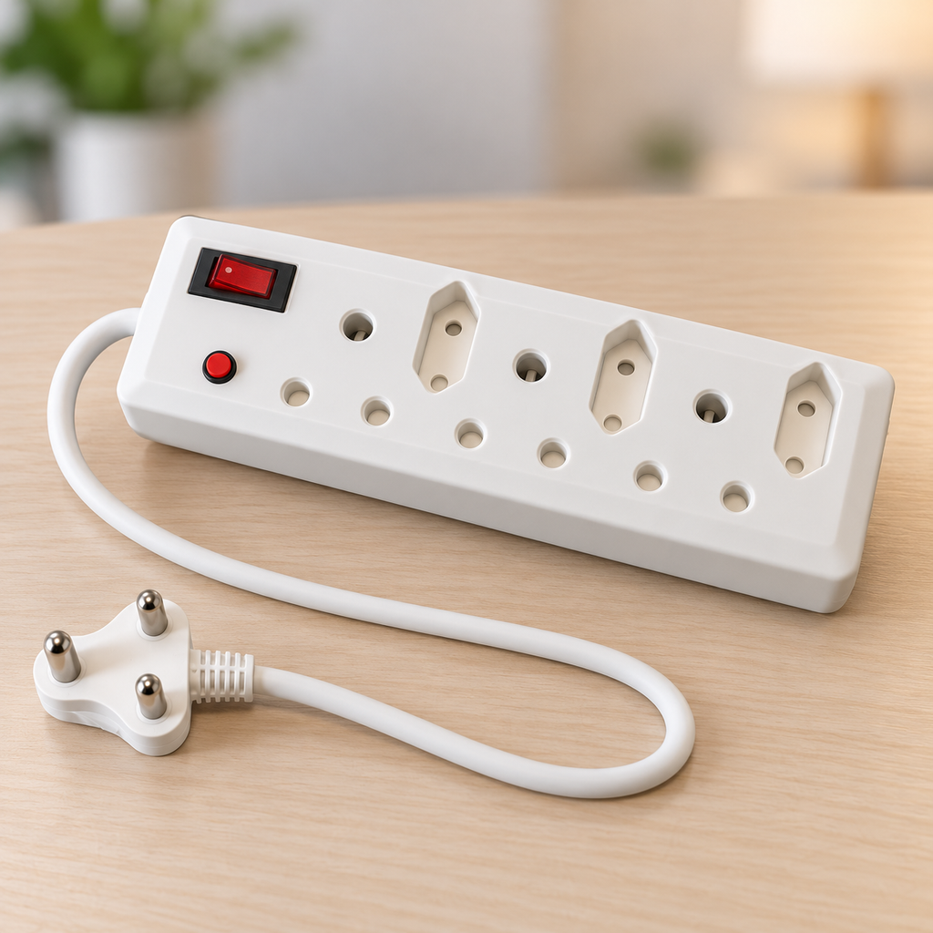 White 6-way multi-plug adaptor - desk view