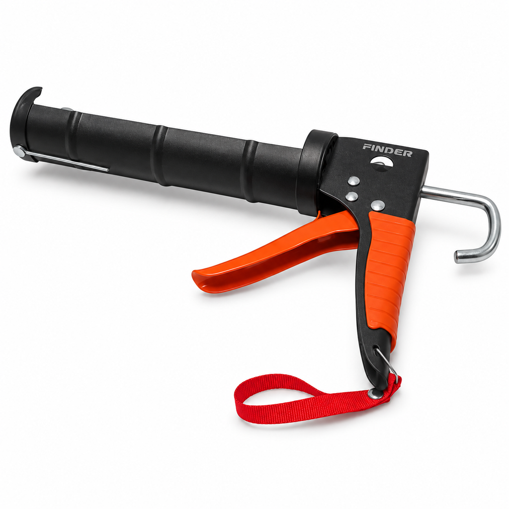 Finder manual caulking gun in black and orange with red wrist strap