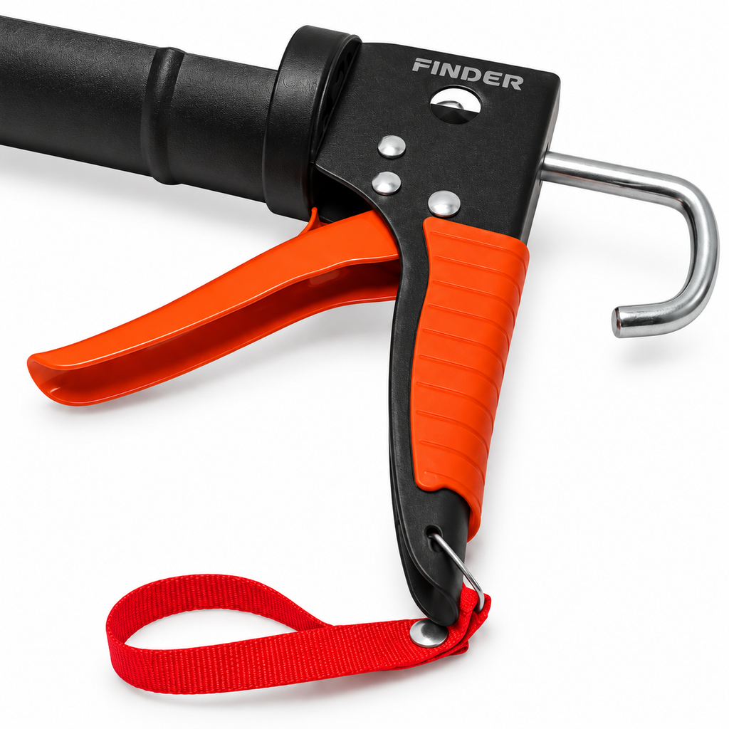 Close-up of the Finder caulking gun trigger, grip and red wrist strap