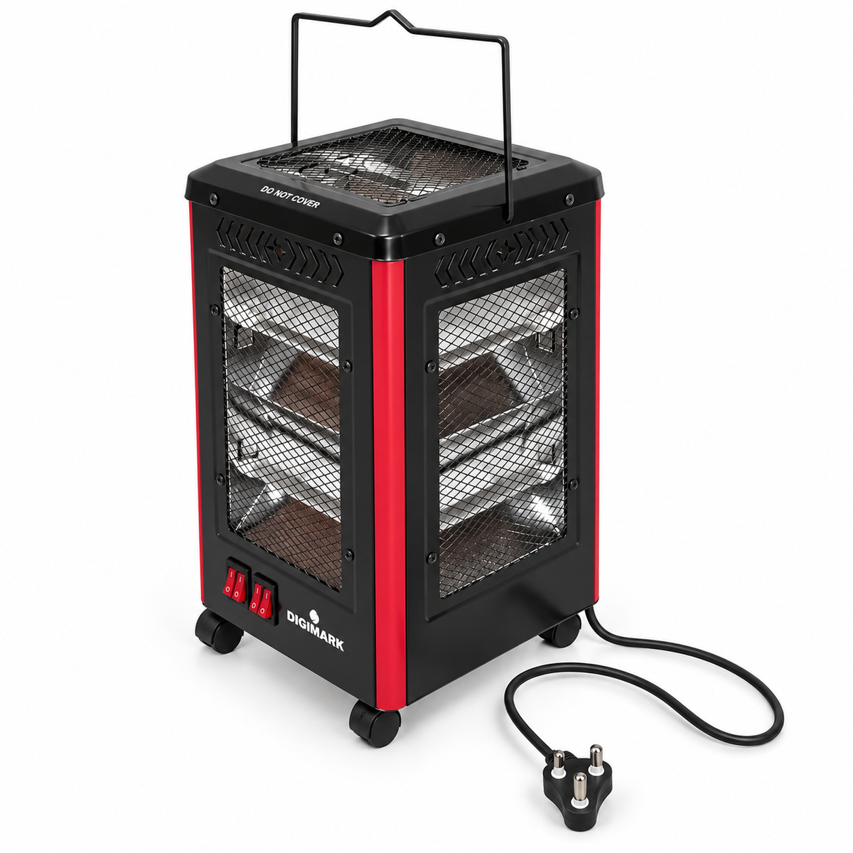 Five-sided black and red electric heater, angled view