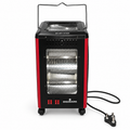 Five-sided black and red electric heater, front view