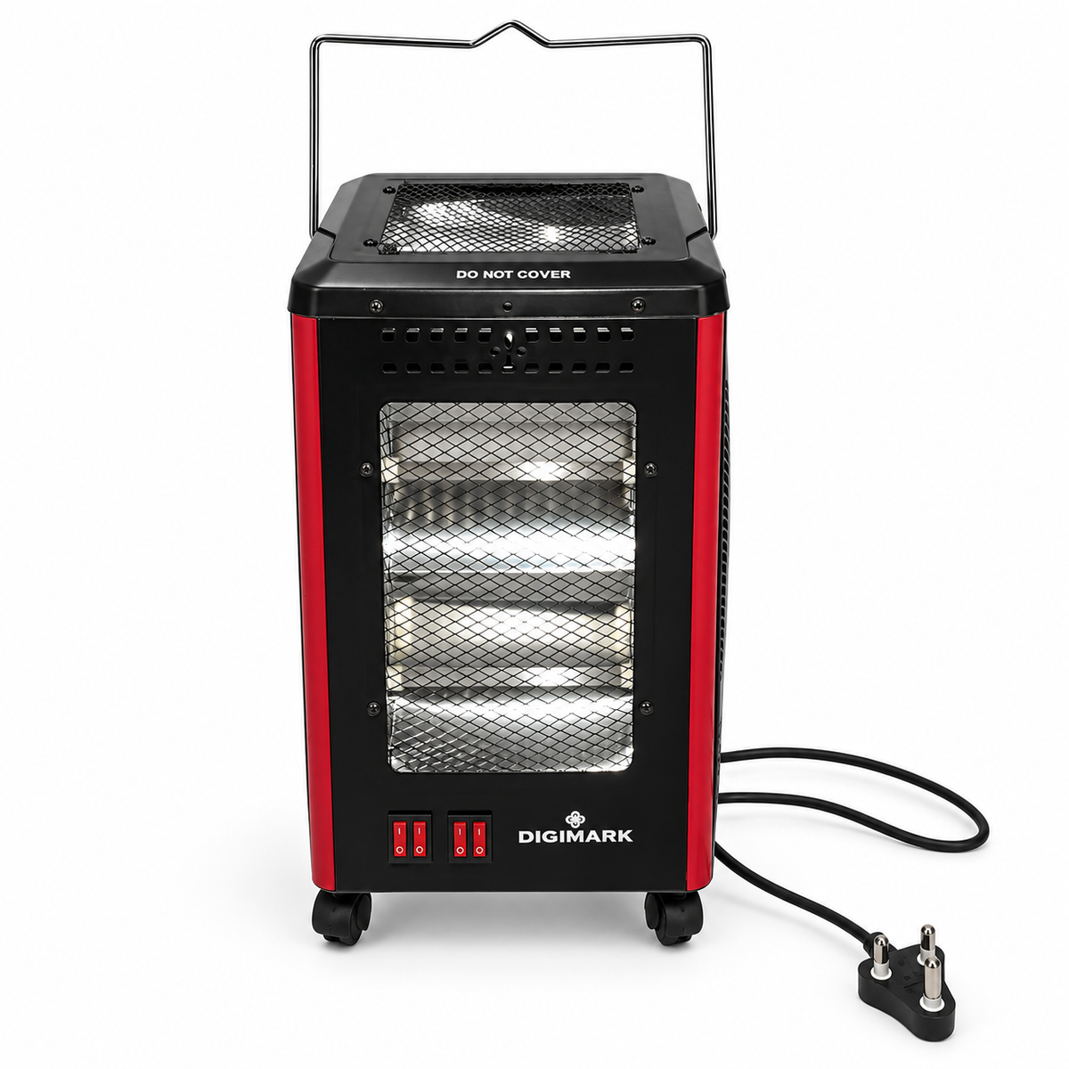 Five-sided black and red electric heater, front view