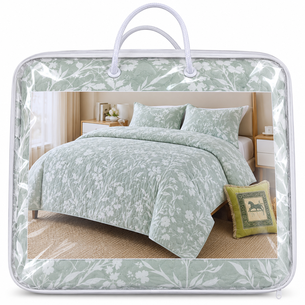 Green floral 4-piece quilt bedspread set in carry bag - detail view