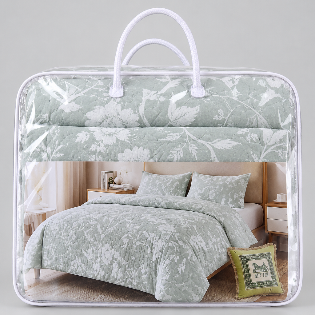Green floral 4-piece quilt bedspread set in carry bag - handle view